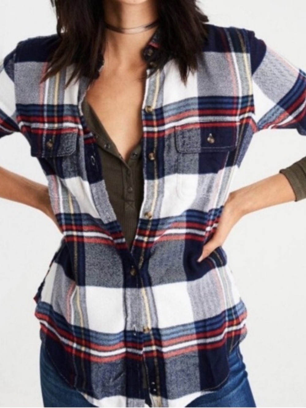 American Eagle Outfitters Navy, White & Red Plaid Button-Down Shirt